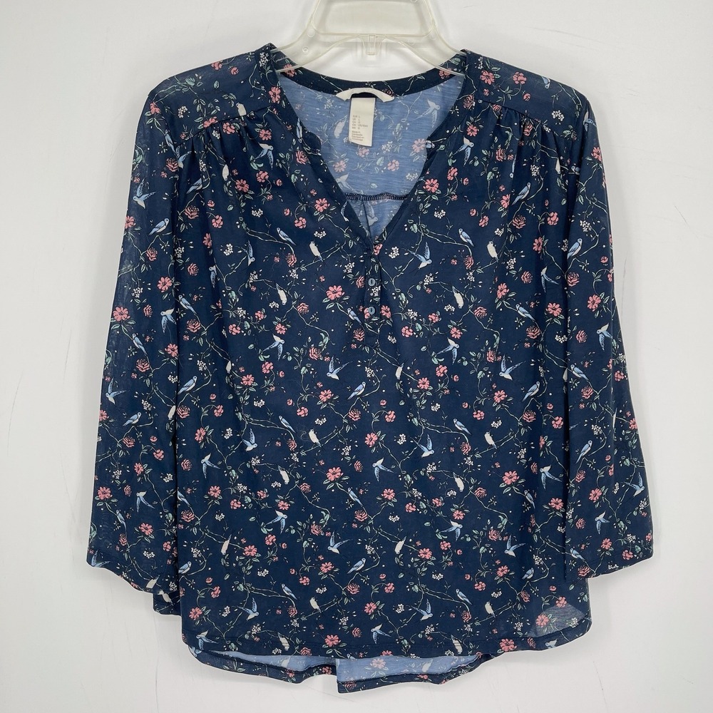 H&M Women's Navy Blue Floral Bird Print V-Neck 3/4 Sleeve Office Blouse Size L
